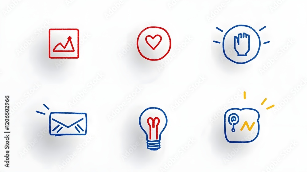 Poster collection of 6 simple and minimalist linear business marketing icons representing the concepts of a