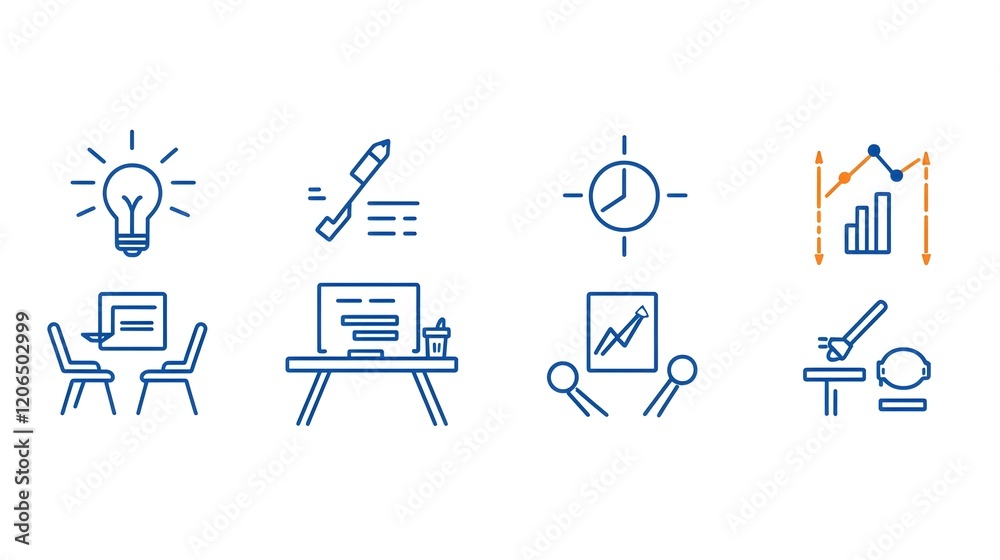 Poster Collection of 6 minimalist line style icons representing various productivity efficiency and time management elements such as growth graphs data analytics business planning teamwork