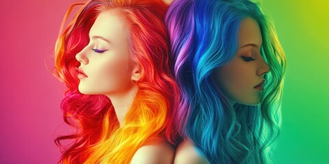 Obraz premium Vibrant Rainbow Hair Two Women with Colorful Long Wavy Hairstyles