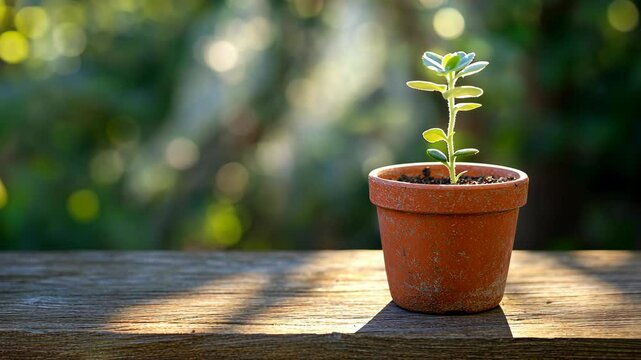 Small plant growing in a terracotta pot on a wooden surface surrounded by sunlight in a garden setting
