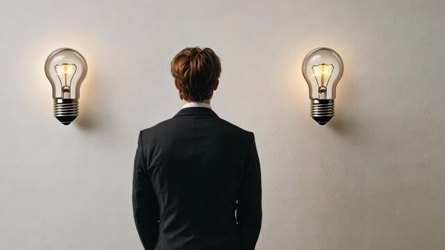 Business professional stands against wall with light bulbs, contemplating ideas in a modern setting