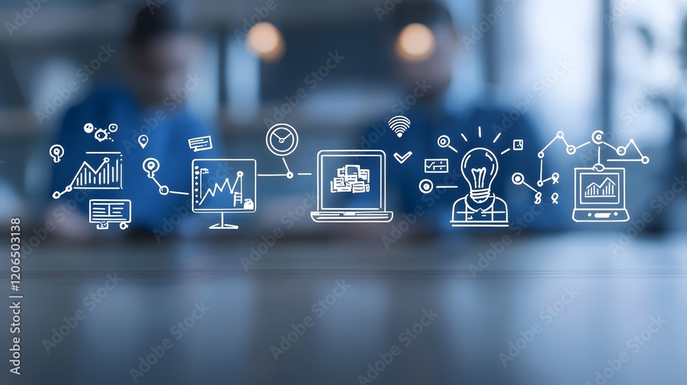 Fototapete Set of thin line icons representing various productivity efficiency and time management elements such as growth graphs data analytics business planning teamwork and workflow optimization solutions