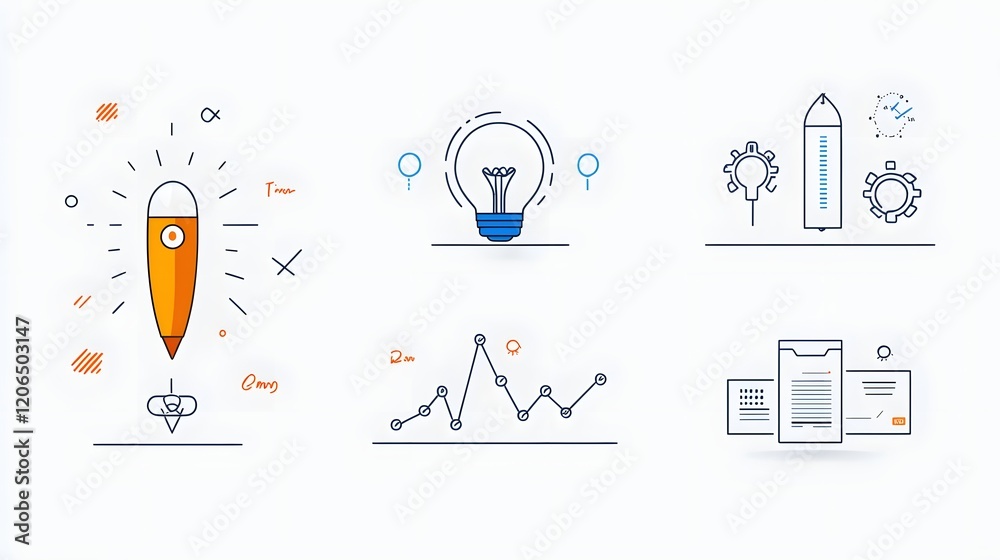 Leinwandbilder Collection of 6 linear icons representing various productivity efficiency and time management elements such as growth graphs data analytics business planning teamwork workflow optimization