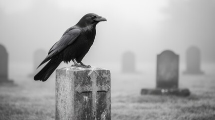 Crow perched on a tombstone in a foggy graveyard