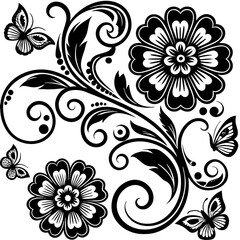 A collection of ornate floral and swirl designs with butterfly accents.