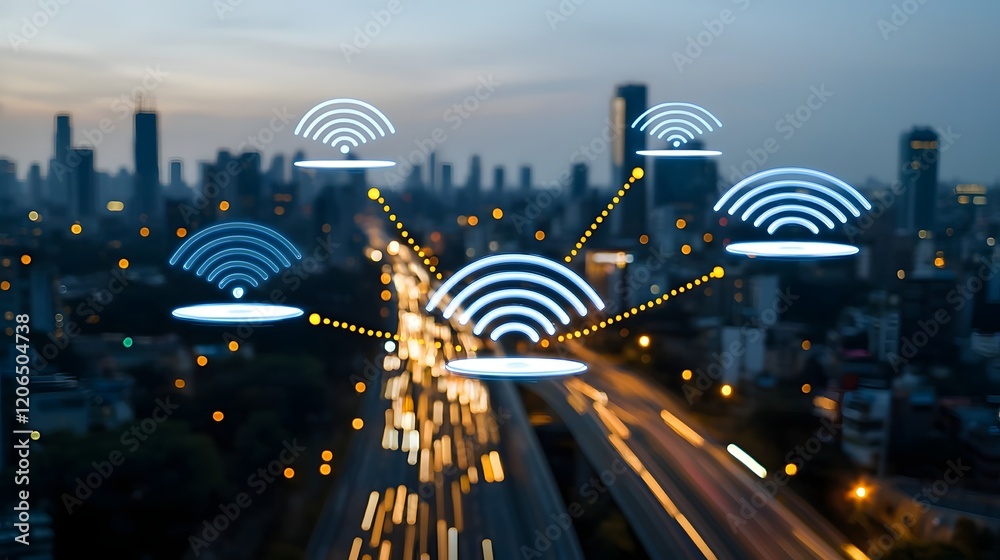 Poster Glowing Digital Data Streams Flow Through a Futuristic Virtual Cityscape Showcasing Tech Innovation and Connectivity  This image depicts a dynamic illuminated cityscape with abstract