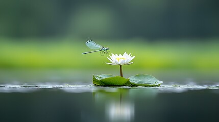 A captivating close up view of a glowing dragonfly delicately hovering over the still reflective surface of a peaceful pond with a solitary lily pad providing a natural tranquil backdrop