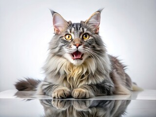 Fototapeta premium Maine Coon Cat Photo: Gray Fur, Open Mouth, White Desk Reflection, Candid Shot