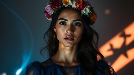 Woman with flower crown, dramatic lighting. (3)