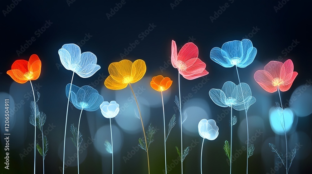 Poster glowing floral patterns on dark and elegant floral digital art design with vibrant colors and ethere