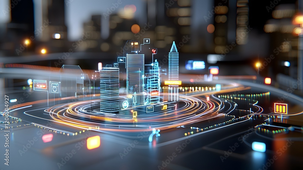 Poster Glowing neon lines tracing the outline of a futuristic cityscape creating an abstract modern and energetic digital landscape