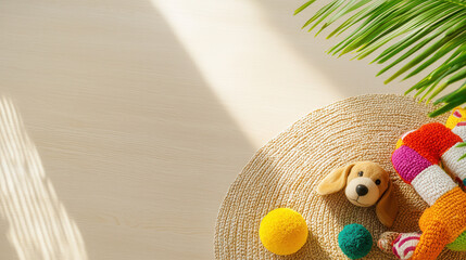 Fototapeta premium collection of colorful pet toys on woven rug with sunlight and plant