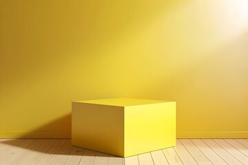 3D yellow empty cube podium with wall background, minimal room scene for product display presentation design vector illustration, 8K, realistic photography style.