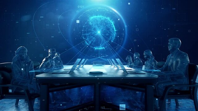 High-tech earth business meeting, future technology office, holographic imaging technology display, successful people meeting to discuss research. - Powered by Adobe