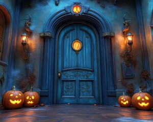 Obraz premium Haunted House Entrance, Halloween Night, Jack-o'-lanterns, Fog, Party