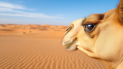 Obraz premium Close up of camel eye reflecting vast desert landscape, showcasing beauty of nature