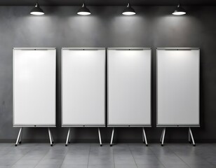 Four blank flip charts showing in empty conference room with spotlights