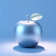 Metallic silver apple on blue background.