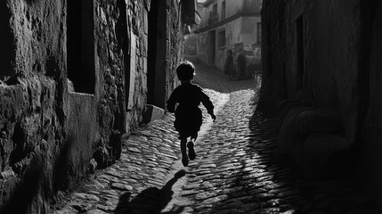 Child Running Through a Cobblestone Alleyway