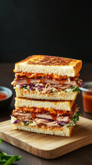 Gourmet sandwich stack with pulled pork, coleslaw, and barbecue sauce. Delicious layers of flavor and texture create mouthwatering experience