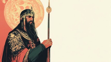 Slavic God, Serene Ruler, Holding Spear, Beige Background, Copy Space