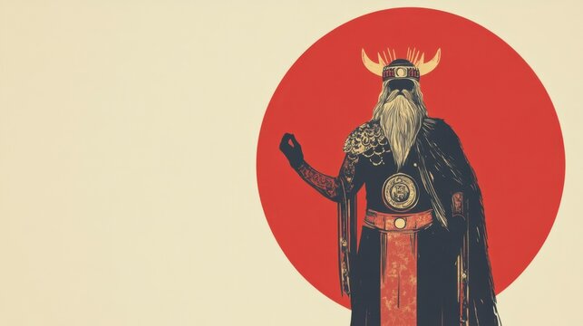 Slavic God Veles, Mythological Figure, Red Sun Background, Minimalist Art