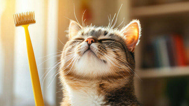 content cat enjoys grooming session with brush in warm sunlight