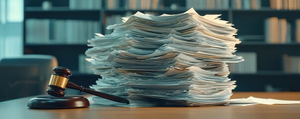A judge's gavel next to a towering stack of legal documents.