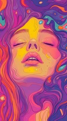 Close up of a womans face adorned with colorful paint and droplets of water on smooth skin