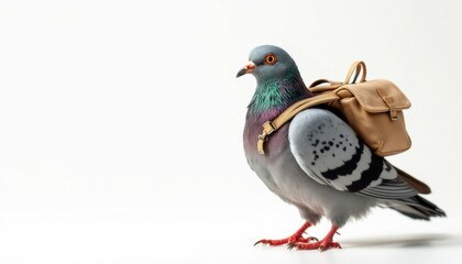 Fototapeta premium Pigeon with Backpack Adorable Bird Carrying Tiny Bag