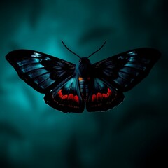 Dark blue butterfly with red accents on teal background.
