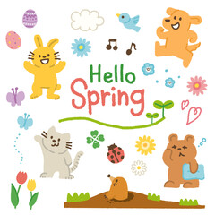 春　動物　花　虫　イラスト　手書き　セット