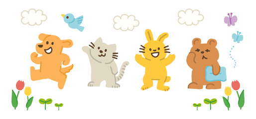 春が来たことを喜ぶ動物たちのイラストセット