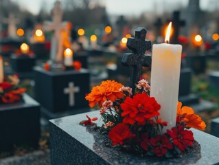 A serene cemetery scene with flowers and candles lit.