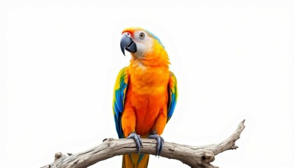 Sun Conure Parrot on Branch White Background