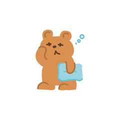 Naklejka premium 眠そうな顔で枕を持って目をこするクマのイラスト キャラクター 手書き