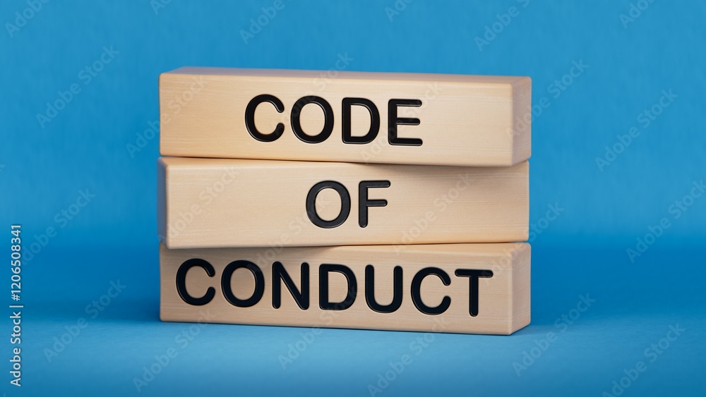 Fototapete Code of conduct symbol. Wooden blocks with words Code of conduct.Business and Code of conduct concept. Copy space.3D rendering on blue background.
