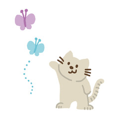 蝶を追いかけるネコのイラスト　キャラクター　手書き