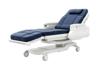 Empty dark blue bed of Hospital with pillow and blanket isolated on cut out PNG or transparent background. Patient room background, insurance concept. Hospital room awaits treatment from doctor.