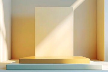Fototapeta premium 3D yellow empty cube podium with wall background