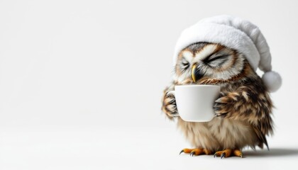 Adorable Owl in Santa Hat Enjoying a Warm Drink