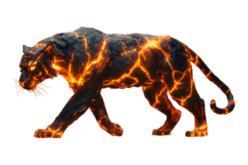 Animal Tiger in walking crafted entirely from molten magma or lava and blazing fire isolated on cut out PNG or transparent background.  Red and orange hues radiate.