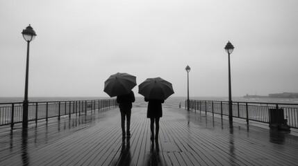Silhouetted Couple Walking on a Rainy Pier