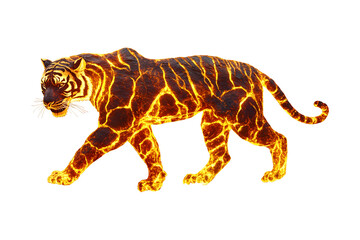 Fototapeta premium Animal Tiger in walking crafted entirely from molten magma or lava and blazing fire. Red and orange hues radiate. Isolated on cut out PNG or transparent background.