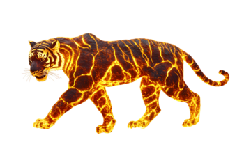 Animal Tiger in walking crafted entirely from molten magma or lava and blazing fire. Red and orange hues radiate. Isolated on cut out PNG or transparent background.
