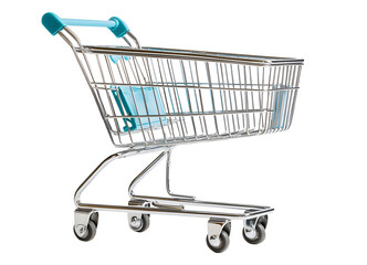 Aluminum sleek empty supermarket shopping cart with shiny metallic isolated on cut out PNG or transparent background. Show modern design and functionality. Transporting large quantities of goods.