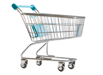 Aluminum sleek empty supermarket shopping cart with shiny metallic isolated on cut out PNG or transparent background. Show modern design and functionality. Transporting large quantities of goods.
