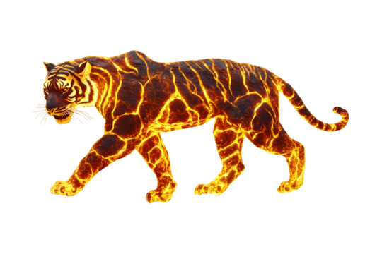 Animal Tiger in walking crafted entirely from molten magma or lava and blazing fire. Red and orange hues radiate. Isolated on cut out PNG or transparent background.