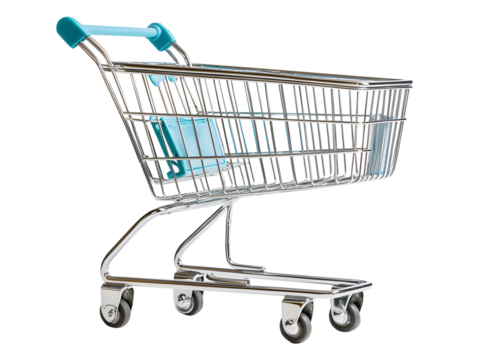 Aluminum sleek empty supermarket shopping cart with shiny metallic isolated on cut out PNG or transparent background. Show modern design and functionality. Transporting large quantities of goods.