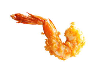 Golden yellow crispy fried shrimp air they float and fall gracefully towards isolated on cut out PNG or transparent background. Appetizing food presentation against. Emphasizing motion and texture.